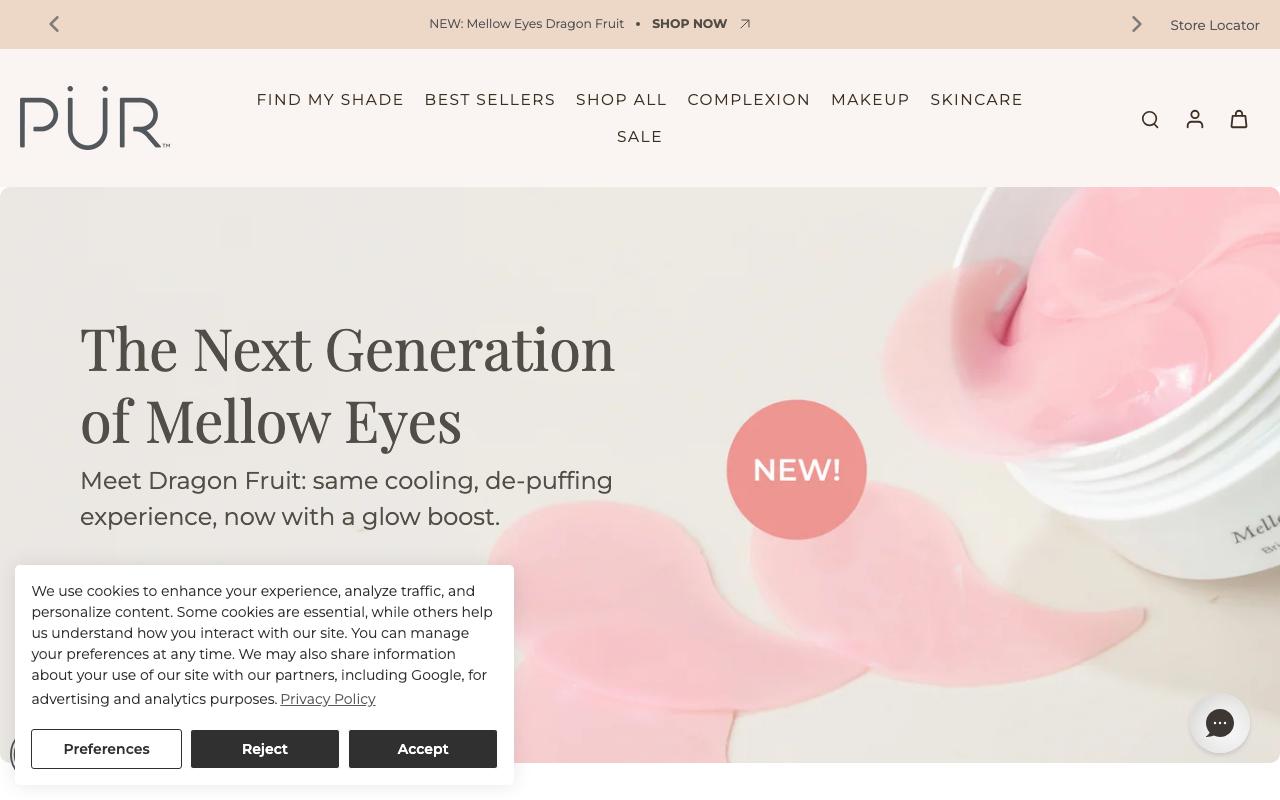 purcosmetics.com homepage screenshot