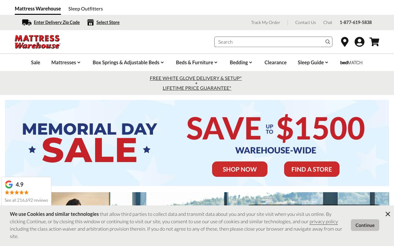 mattresswarehouse.com homepage screenshot